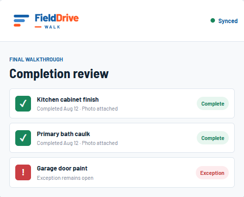 FieldDrive Walk completion review
