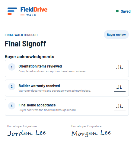 FieldDrive Walk final signoff with buyer signatures