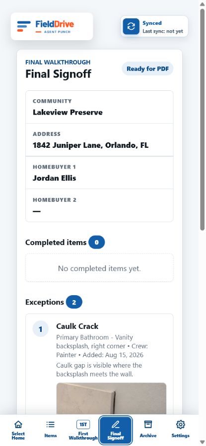 FieldDrive Agent Punch Final Signoff screen with fictional walkthrough items