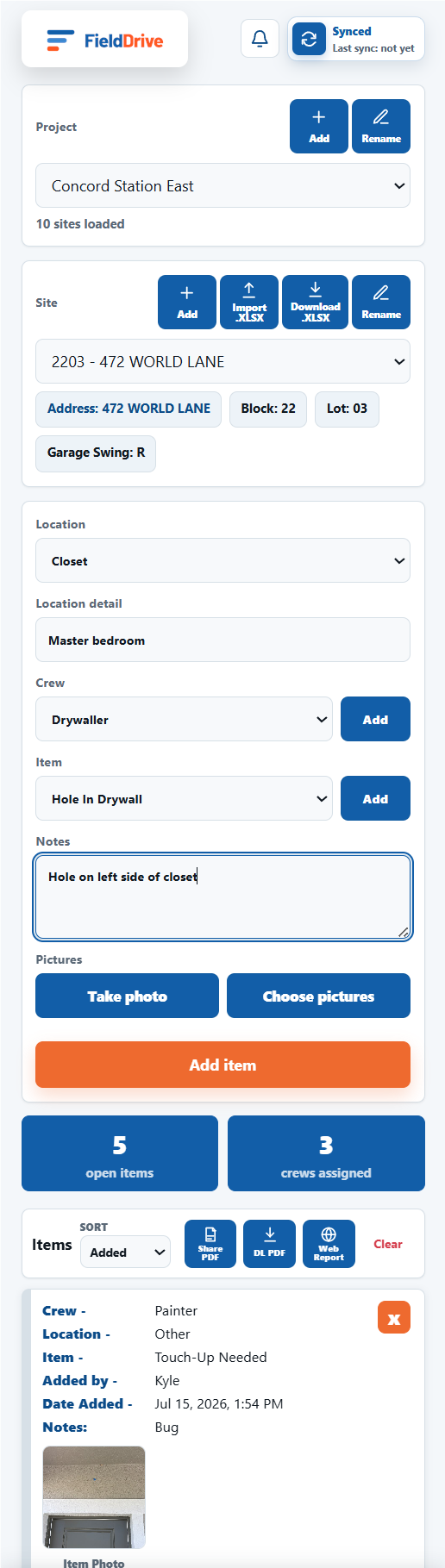 Mobile capture form for adding a punch item: project, site, location, crew, item type, notes, and photo buttons