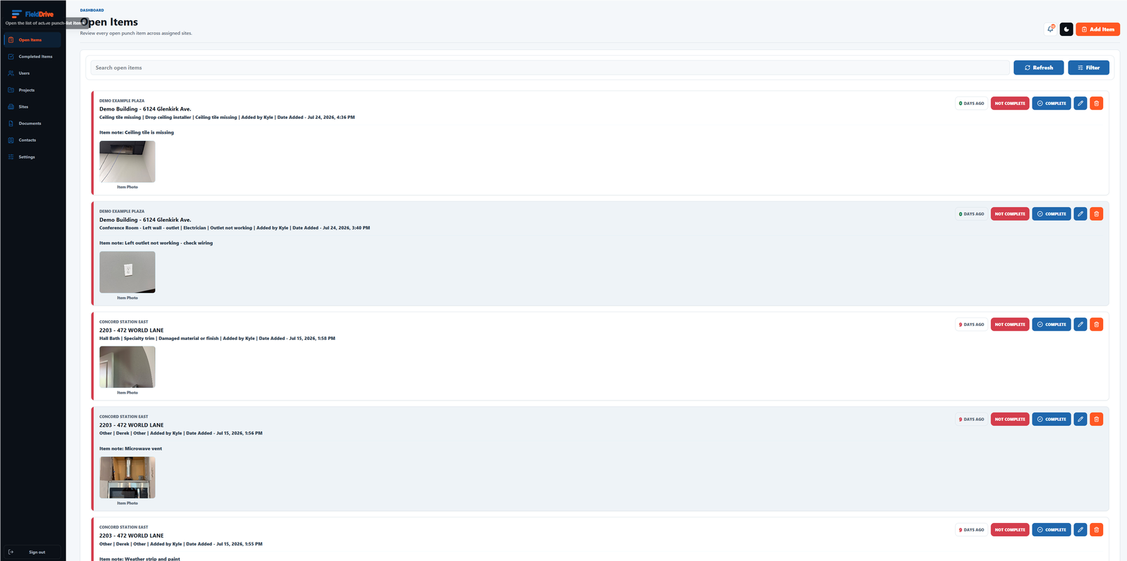 Office dashboard listing every open punch item across sites with status badges, dates, edit and complete actions