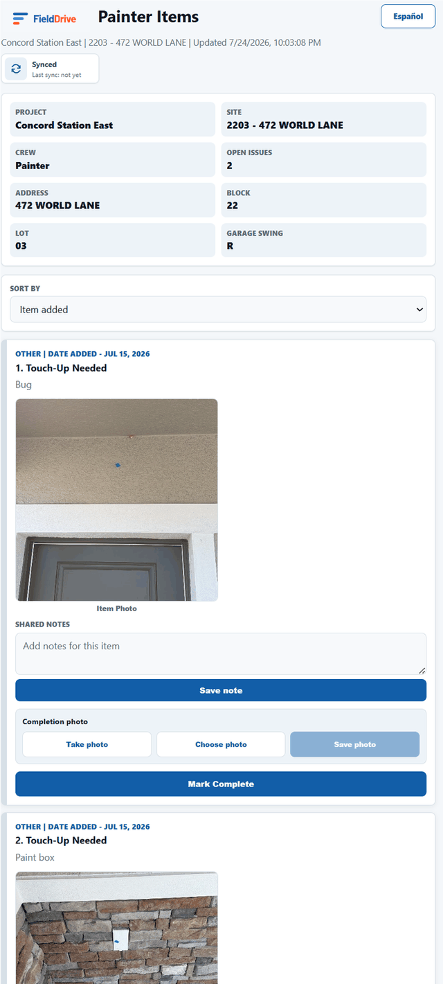 Subcontractor link view showing a painter's assigned punch items with site details, photos, shared notes, completion photo upload, and Mark Complete button